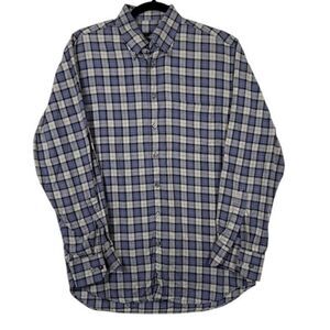 Scott Barber Brushed Cotton Button Front Shirt Blue Gray Checkered Size Medium